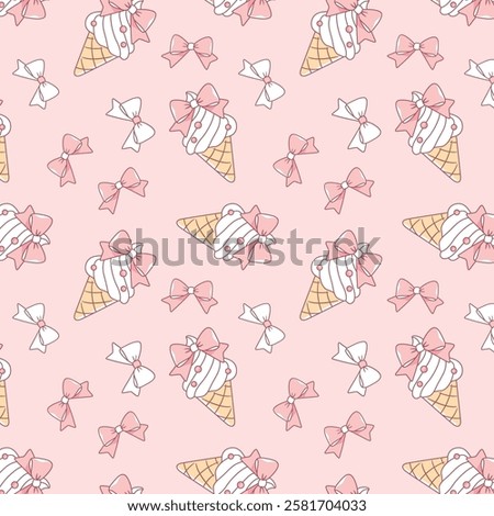 Cute Pink Ribbon Bow and ice cream girly Seamless Pattern 