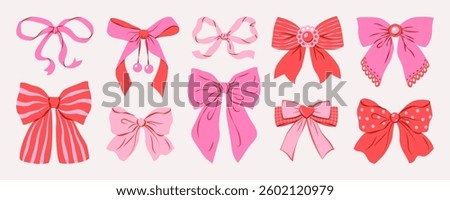 Cute pink ribbon bow set. Trendy hair braiding accessory. Perfect for festive packaging and birthday designs, greeting cards. Hand drawn vector illustration.