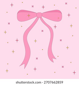 Lindo lazo de cinta rosa rodeado de destellos Pequeños sobre un fondo pastel crea un aspecto decorativo dulce. Ideal para celebraciones, temas femeninos, regalos, romance, Elementos de San Valentín, tarjeta. Vector plano