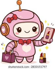 Cute pink robot assistant with a bow holds a smartphone and paper bag, symbolizing online cosmetics shopping. Smart helper technology, makeup products purchase, and personal beauty support.