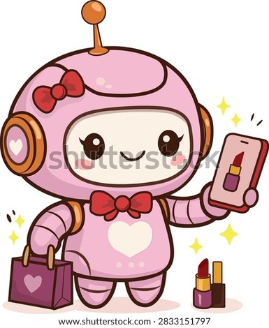Cute pink robot assistant with a bow holds a smartphone and paper bag, symbolizing online cosmetics shopping. Smart helper technology, makeup products purchase, and personal beauty support.