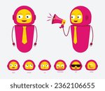 A cute pink robot character can be used for the animation with multiple expressions, and isolated vector illustrations in cartoon style.