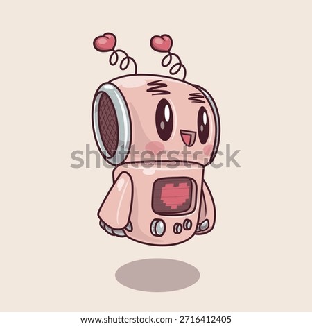 Cute pink robot character with heart antennae for Valentine's Day celebration. Vector art.