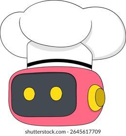Cute pink robot head wearing a chef's hat, perfect for food tech branding, AI kitchen concepts, or modern restaurant mascots.