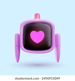 Cute pink robot with heart on screen in realistic 3d style. Vector futuristic character design for assistance or bot mascot.