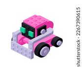 Cute pink robot, a toy made of plastic bricks in isometry. Vector clipart