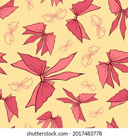 Cute pink romantic bowknots seamless pattern. Pretty flat bows abstract endless texture for fabric, textile, cosmetics, package, stationery, wrapping paper, background. Cheerful festive doodle design.