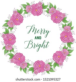 Cute pink rose flower frame background, for lettering of merry and bright. Vector