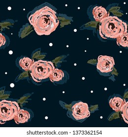 Cute pink rose flower seamless pattern wallpaper background with dark background color.