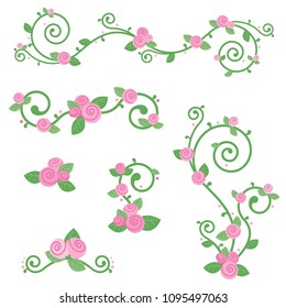 Cute Pink Rose Vine Design Elements Beautiful Decoration Flat Vector Illustration Isolated On White