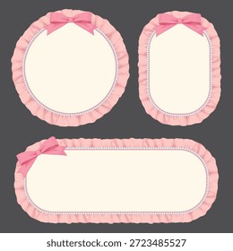 Ein süßer rosa runder Rahmen mit Rüschen Spitzen Kanten und einem Band Schleife auf der Oberseite. Perfekt für Einladungen, Grußkarten, Babyduschdesigns und feminine Dekorationen im Vektorstil.