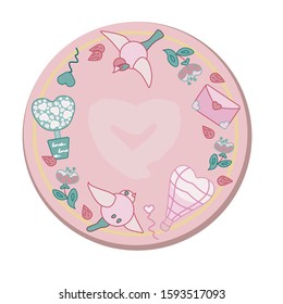 Cute pink round postcard with bird love letter tree flower candy and lovely hand drawn heart for valentines day white isolated stock vector ilustration
