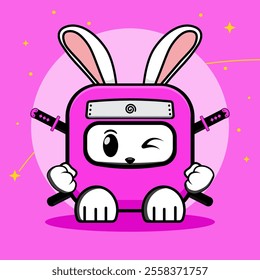 Cute Pink Rounded Square Bunny Rabit Ninja with Two Swords, with Moon and Stars in Background Cartoon Vector Icon Illustration. People Holiday Icon Concept Isolated Premium Vector. Flat Cartoon Style.