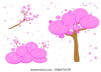 Cute pink sakura air set. Three elements are isolated on  white background. Collection is decorated with flowers and petals of Japanese cherry. Spring composition. Beautiful atmospheric ornament. 