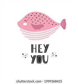 Cute pink scandinavian style lettering fish isolated on white background