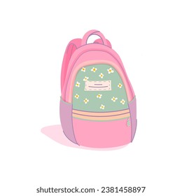 Mochila de escuela rosa lindo con parches y flores, bolso para los niños para los útiles escolares, estilo de dibujos animados. Ilustración vectorial moderna a mano 