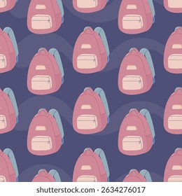 Cute pink school backpack vector seamless pattern with pastel colors. Perfect for children education designs, back to school projects, and stationery-themed decorations.