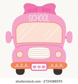 süßer rosafarbener Schulbus mit Schleife, mädchenhaft handgezeichnete Schulbus-Illustration, zurück zur Schule mit Schulbus, flacher Vektor