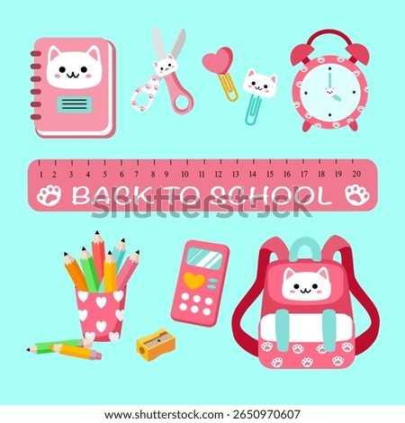 Cute Pink School Supplies Set with Cat Faces. Vector Illustration