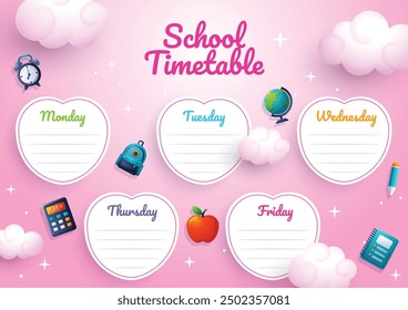 Cute Pink School timetable with lovely clouds and colorful school stationery decoration