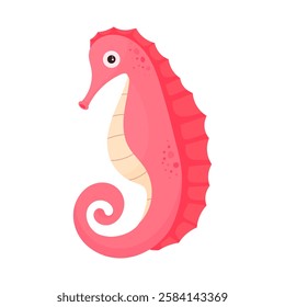 Cute pink seahorse in cartoon style on a white isolated background. Little sea creature. Ocean Animals
