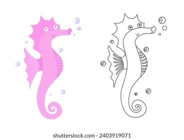 Cute pink seahorse vector illustration undersea, sea life coloring book or coloring page 