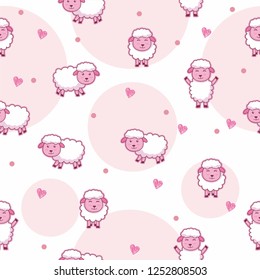 Cute pink seamless background with sheep seamless pattern 