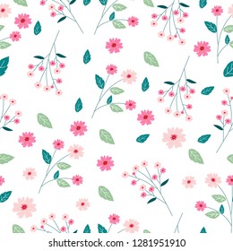 cute pink seamless flowers pattern. Delicate petals and vibrant blossoms create an artistic and vintage botanical illustration. Perfect for wallpaper, fabric, wrapping paper and more.