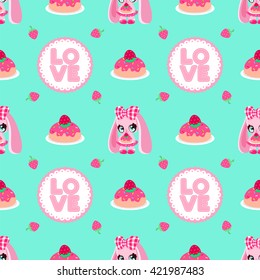 Cute pink seamless pattern with bunnies and sweets. Congratulatory pattern. Emerald background.