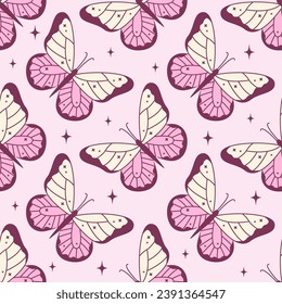 Cute pink seamless pattern with butterfly and stars decor in y2k style. Beautiful girly insect background. Coquette texture, wallpaper, wrapping paper, cover design. Vector illustration.