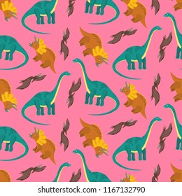 Cute pink seamless pattern with cartoon dinosaurs for kids textile. Bright childish texture with diplodocus, pterodactyl, triceratops characters for children cloth, wrapping paper, cover, background