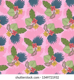 Cute pink seamless pattern with colorful green and blue tropical leaves and flowers bouquets. Trendy exotic plants texture for textile, wrapping paper, surface design, wallpaper, background