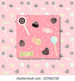 Cute pink seamless pattern with colorful sweets, chocolates and lollipops. Vector.