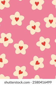Cute pink seamless pattern with daisies and hearts. Wrapping paper, cover, print for fabrics, wallpaper