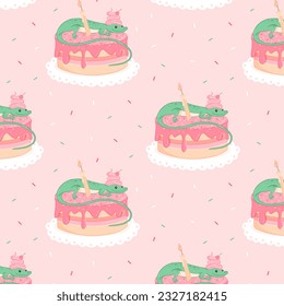 Diseño de patrones de pequeños lagartos, sin costura rosa - tarjeta de cumpleaños, dibujado a mano, vector de dibujos animados, aislado lagarto, torta, tarta de cumpleaños, servilleta, kawaii, ilustración, clipart