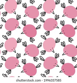 Cute pink seamless pattern with doodle birds. Abstract print for nursery design. Background for baby clothes, bedroom wallpaper, bedding. Cool ornament for cover of notebook, textiles, school backpack