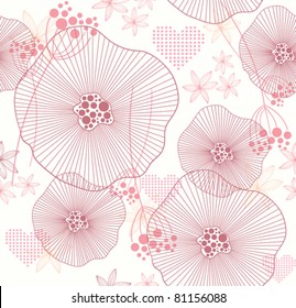 Cute pink seamless pattern with flowers and hearts