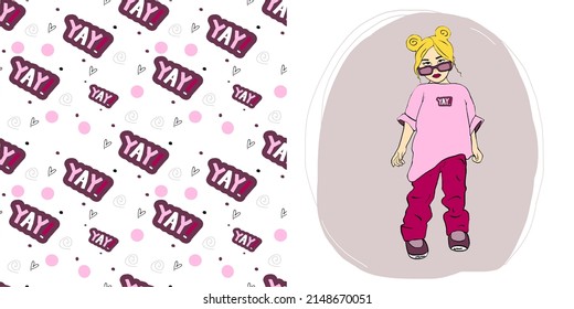 Cute pink seamless pattern for girl. Cartoon stylish girl in sunglasses. Kids card print template and seamless background pattern set. Hand drawn surface design vector illustration.