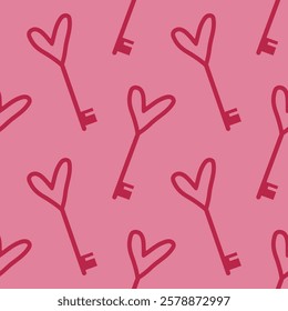 Cute pink seamless pattern with hearts and keys. Saint Valentine's Day print. Background, banner, wallpaper, wrapping paper, notebook cover, fabric template. Love themed backdrop