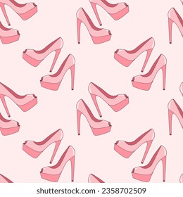 Patrón transparente rosado con tacones altos estiletto. Antecedentes, imprimir para las niñas. Vector