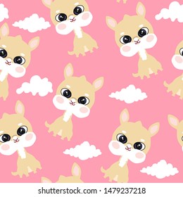 Cute pink seamless pattern with Lama and white clouds on pink background.

