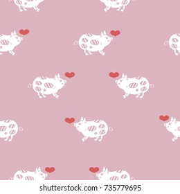 Cute pink seamless pattern with pigs and hearts.