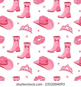 Cute pink seamless pattern with princess wardrobe details, crown, shoes, cowboy hat, kiss. Beautiful girlish wallpaper. Vector