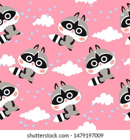 Cute pink seamless pattern with raccoons and white clouds on pink background.
 Pattern for fabric and textile.

