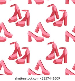 Patrón transparente rosado con tacones altos retro. Antecedentes con zapatos de moda vintage, impresos para chicas. Vector