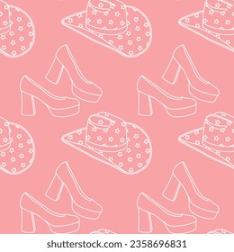 Cute pink seamless pattern with retro cowgirl hats and high heel shoes. Background, print for girls. Vector