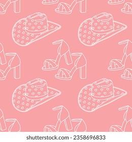 Patrón transparente rosado con sombreros de vaquera retro y zapatos de tacón altos. Antecedentes, imprimir para las niñas. Vector