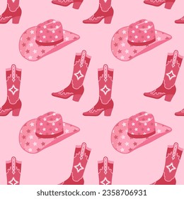 Cute pink seamless pattern with retro cowgirl hats and cowboy boots. Background, print for girls. Vector