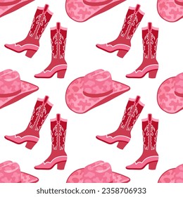 Cute pink seamless pattern with retro cowgirl hats and cowboy boots. Background, print for girls. Vector