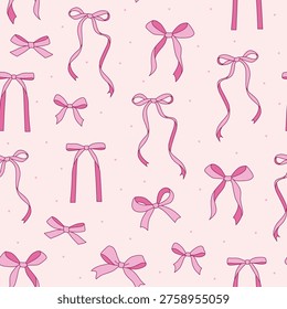 Cute pink seamless pattern with ribbon bows and dots. Vector background. Texture for print, textile, fabric.
